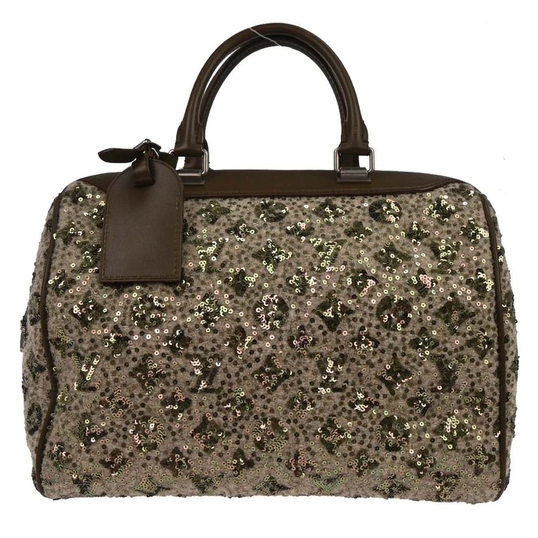 LOUIS VUITTON MONOGRAM SUNSHINE EXPRESS SPEEDY 30 HANDBAG: Louis Vuitton Monogram Sunshine Express Speedy 30 Handbag Brand: Louis Vuitton Type/Style: Satchel/Top Handle Bag Material: Felt, Sequins, Leather Color: Khaki, Brown Size: W 13.0 x H 9.4 x D 7.5 "