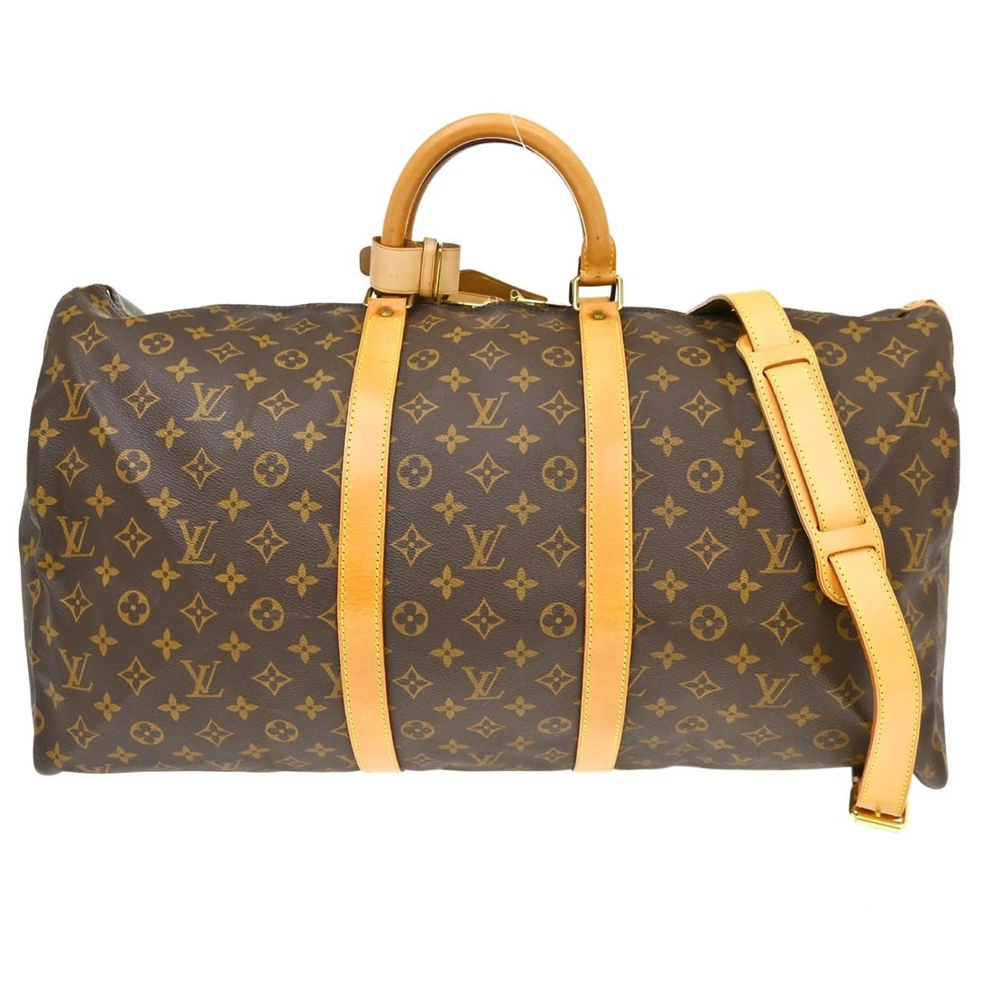 LOUIS VUITTON KEEPALL 55 HANDBAG MONOGRAM: LOUIS VUITTON KEEPALL 55 HANDBAG MONOGRAM Brand: Louis Vuitton Type/Style: Duffle Material: Monogram Canvas, Leather Color: Brown Size: W 21.7 x H 11.8 x D 9.8 " Accessories: None Accessor