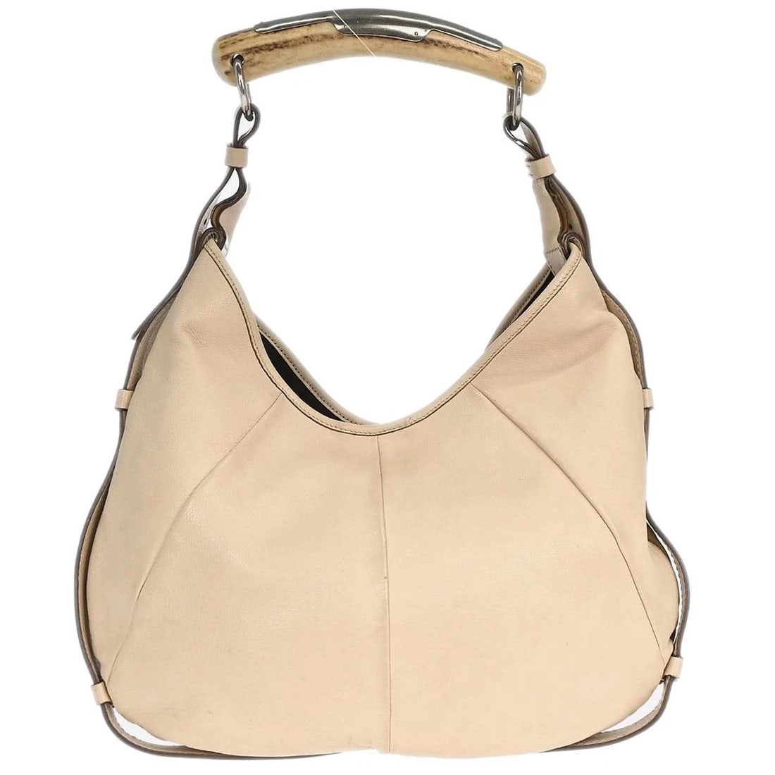 YVES SAINT LAURENT BEIGE LEATHER MOMBASA HANDBAG: Yves Saint Laurent Beige Leather Mombasa Handbag Brand: Saint Laurent Type/Style: Hobo Bag Material: Leather Color: Beige Size: W 14.2 x H 8.3 x D 0.4 " Accessories: None Accessories Notic