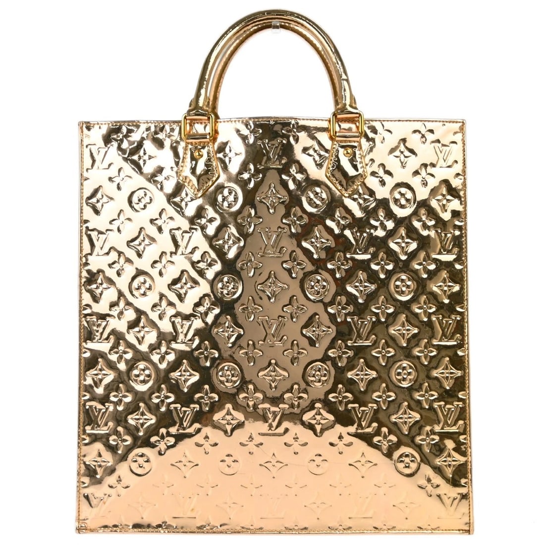 LOUIS VUITTON GOLD MONOGRAM MIROIR SAC PLAT TOTE HANDBAG: Louis Vuitton Gold Monogram Miroir Sac Plat Tote Handbag Brand: Louis Vuitton Type/Style: Tote Material: Monogram Mirror Vinyl Color: Dore * Gold Size: W 14.2 x H 15.0 x D 3.5 " Accessories: None