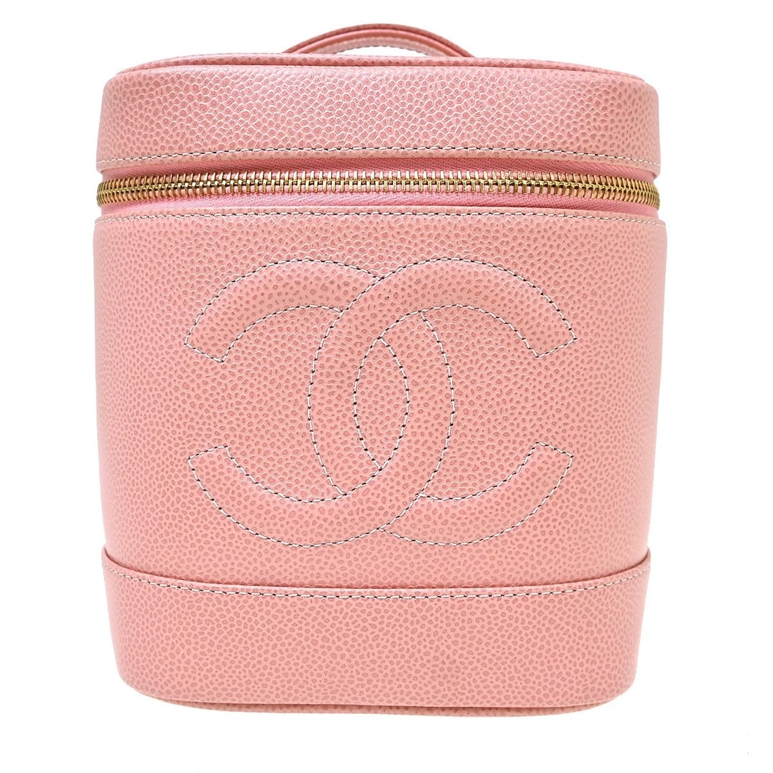 CHANEL PINK CALFSKIN TIMELESS VANITY HANDBAG: Chanel Pink Calfskin Timeless Vanity Handbag Brand: CHANEL Type/Style: CHANEL Vanity Material: Caviar Skin Color: Pink Size: W 5.9 x H 7.1 x D 5.1 " Accessories: None Accessories Notice: W