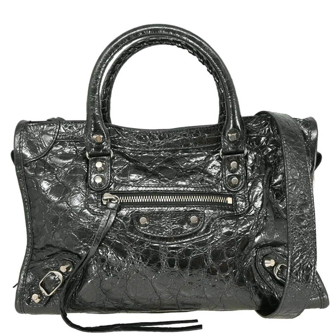 BALENCIAGA SILVER CALFSKIN CITY SMALL HANDBAG: Balenciaga Silver Calfskin City Small Handbag Brand: Balenciaga Type/Style: Top Handle Bag Material: Calfskin Color: Metallic Silver Size: W 11.4 x H 7.9 x D 3.9 " Accessories: None Access