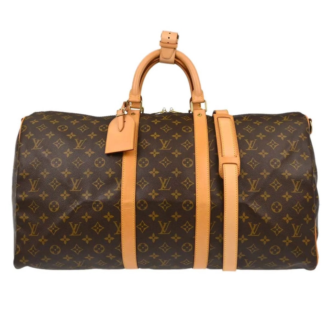 LOUIS VUITTON MONOGRAM KEEPALL BANDOULIERE 55 DUFFLE BAG: Louis Vuitton Monogram Keepall Bandouliere 55 Duffle Bag Brand: Louis Vuitton Type/Style: Duffle Material: Monogram Canvas, Leather Color: Brown Size: W 21.7 x H 11.8 x D 9.8 " Accessories: None <