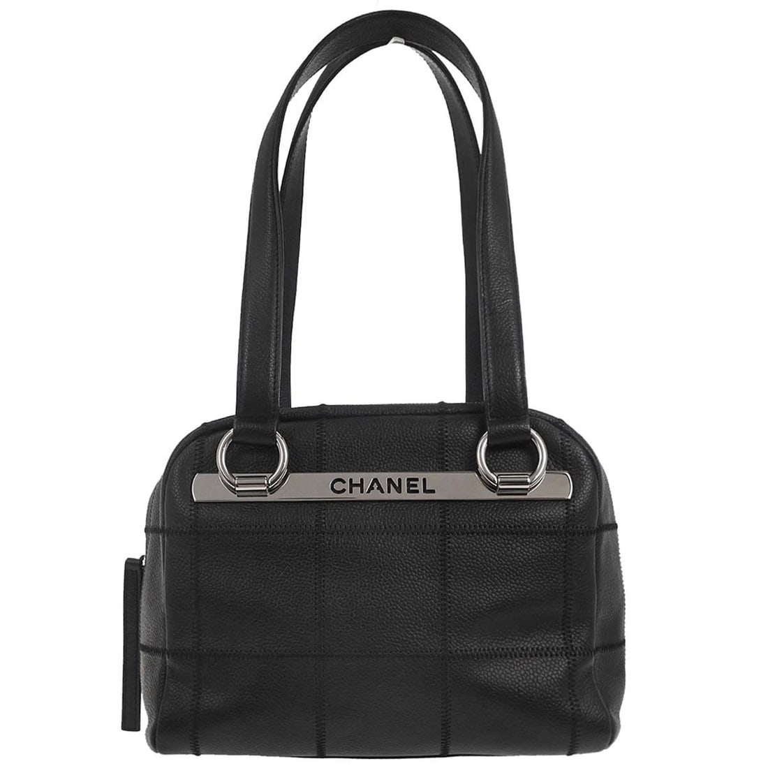 CHANEL BLACK CALFSKIN CHOCO BAR HANDBAG: Chanel Black Calfskin Choco Bar Handbag Brand: CHANEL Type/Style: Top Handle Bag Material: Caviar skin leather Color: Black Size: W 8.3 x H 6.3 x D 5.9 " Accessories: None Accessories Noti