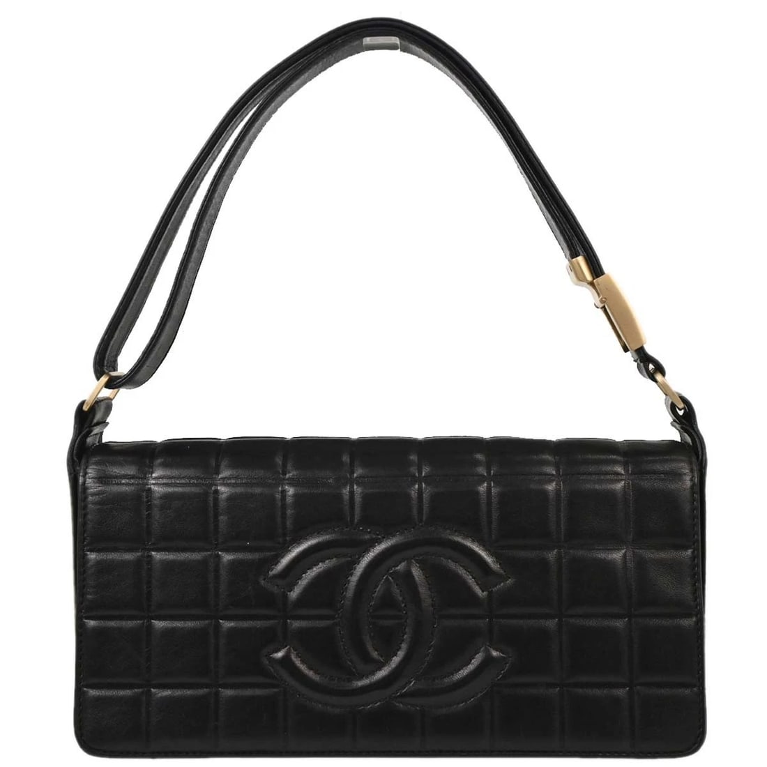 CHANEL BLACK LAMBSKIN CHOCO BAR SHOULDER BAG: Chanel Black Lambskin Choco Bar Shoulder Bag Brand: CHANEL Type/Style: Shoulder Bag Material: Lambskin Color: Black Size: W 9.8 x H 4.7 x D 2.0 " Accessories: None Accessories Notice: When