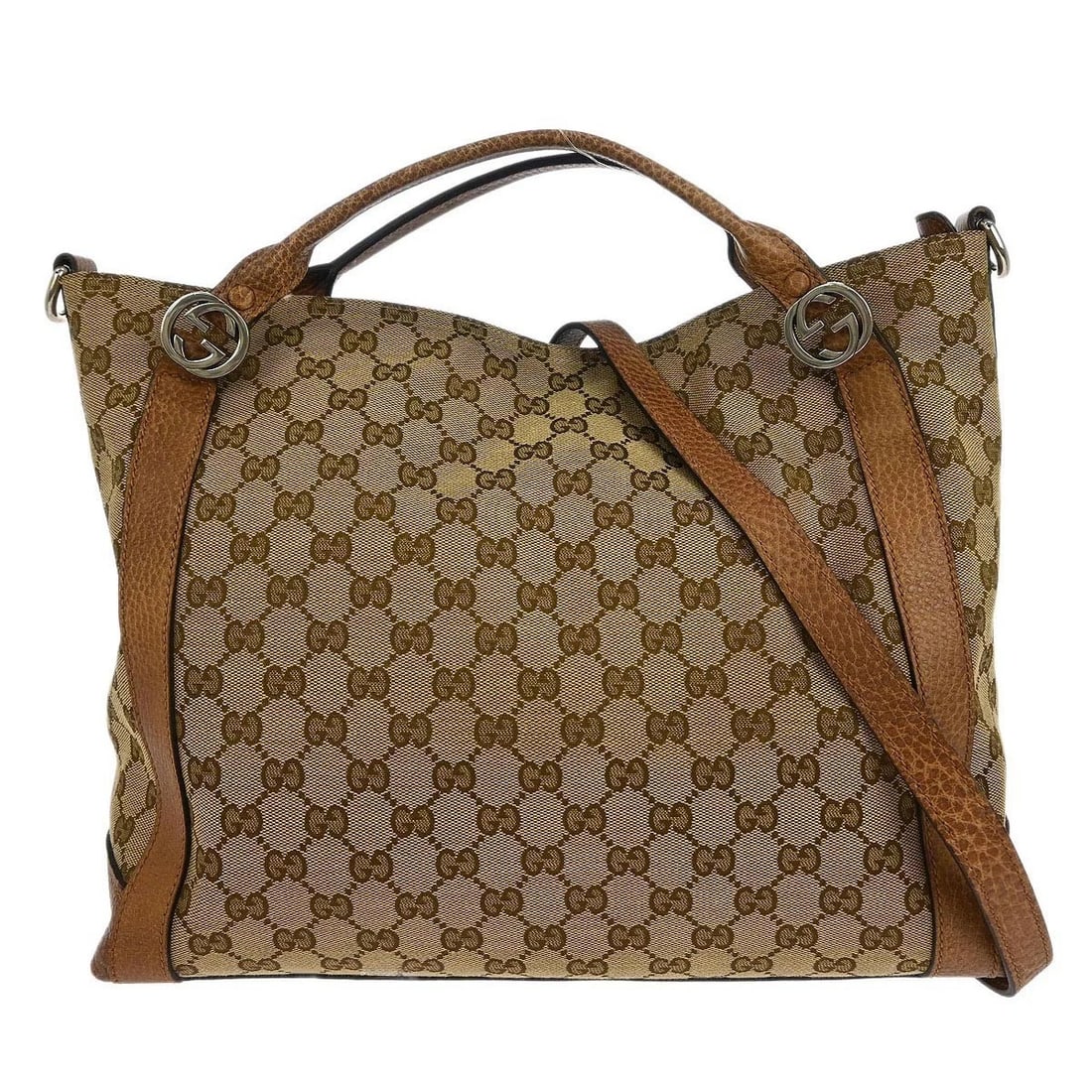 GUCCI BEIGE CANVAS GG TOTE 2WAY HANDBAG: Gucci Beige Canvas GG Tote 2way Handbag Brand: Gucci Type/Style: Handbag Material: Canvas, Leather Color: Beige Size: W 13.4 x H 11.0 x D 5.9 " Accessories: None Accessories Notice: When p