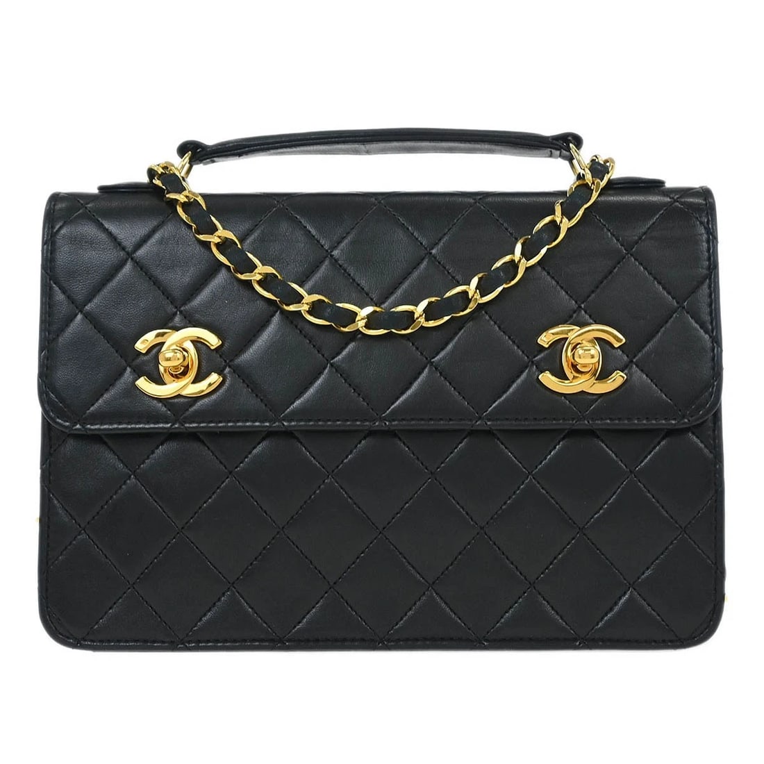 CHANEL BLACK LAMBSKIN 2WAY HANDBAG: Chanel Black Lambskin 2way Handbag Brand: CHANEL Type/Style: Top Handle Bag Material: Lambskin Color: Black Size: W 9.1 x H 6.3 x D 2.0 " Accessories: None Accessories Notice: When purchas