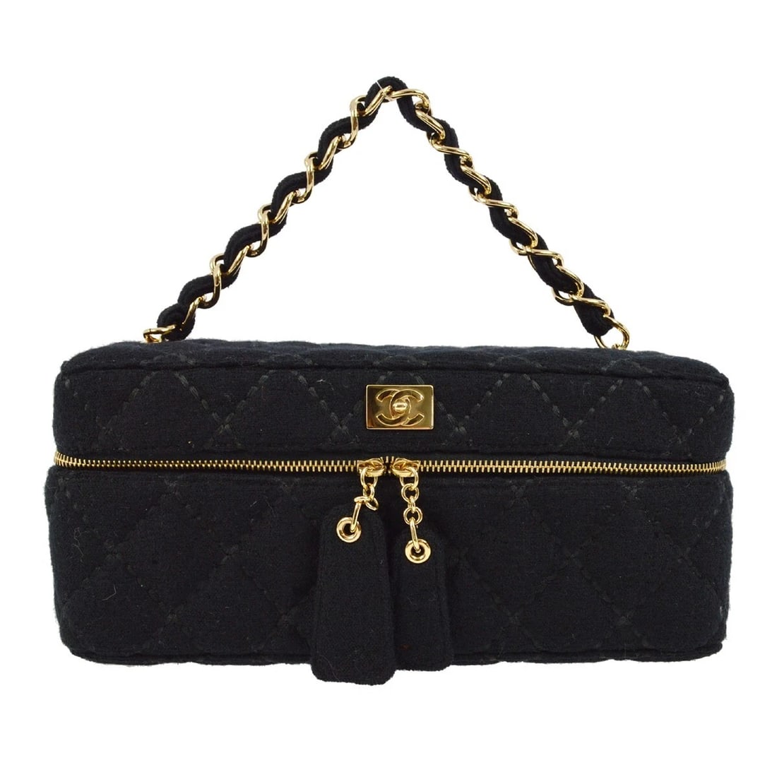 CHANEL BLACK WOOL WILD STITCH VANITY HANDBAG: Chanel Black Wool Wild Stitch Vanity Handbag Brand: CHANEL Type/Style: Handbag Material: Wool Color: Black Size: W 9.8 x H 4.3 x D 4.3 " Accessories: None Accessories Notice: When purchasi