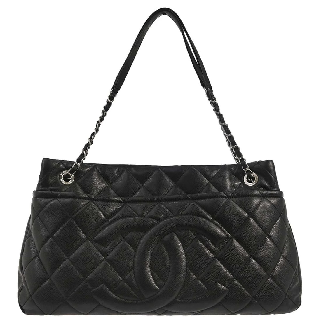 CHANEL BLACK CALFSKIN TIMELESS CHAIN TOTE BAG: Chanel Black Calfskin Timeless Chain Tote Bag Brand: CHANEL Type/Style: Tote Material: Caviar skin leather Color: Black Size: W 16.9 x H 9.8 x D 3.5 " Accessories: None Accessories Notice: