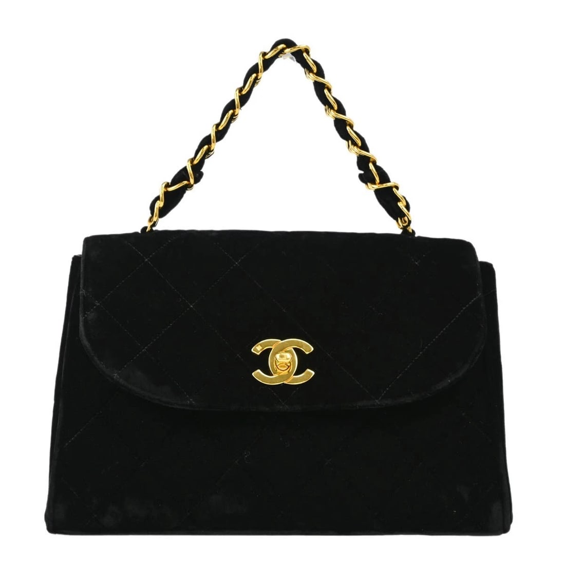 CHANEL BLACK VELVET HANDBAG: Chanel Black Velvet Handbag Brand: CHANEL Type/Style: Top Handle Bag Material: Velvet Color: Black Size: W 9.8 x H 7.1 x D 3.9 " Accessories: None Accessories Notice: When purchasing pre-o