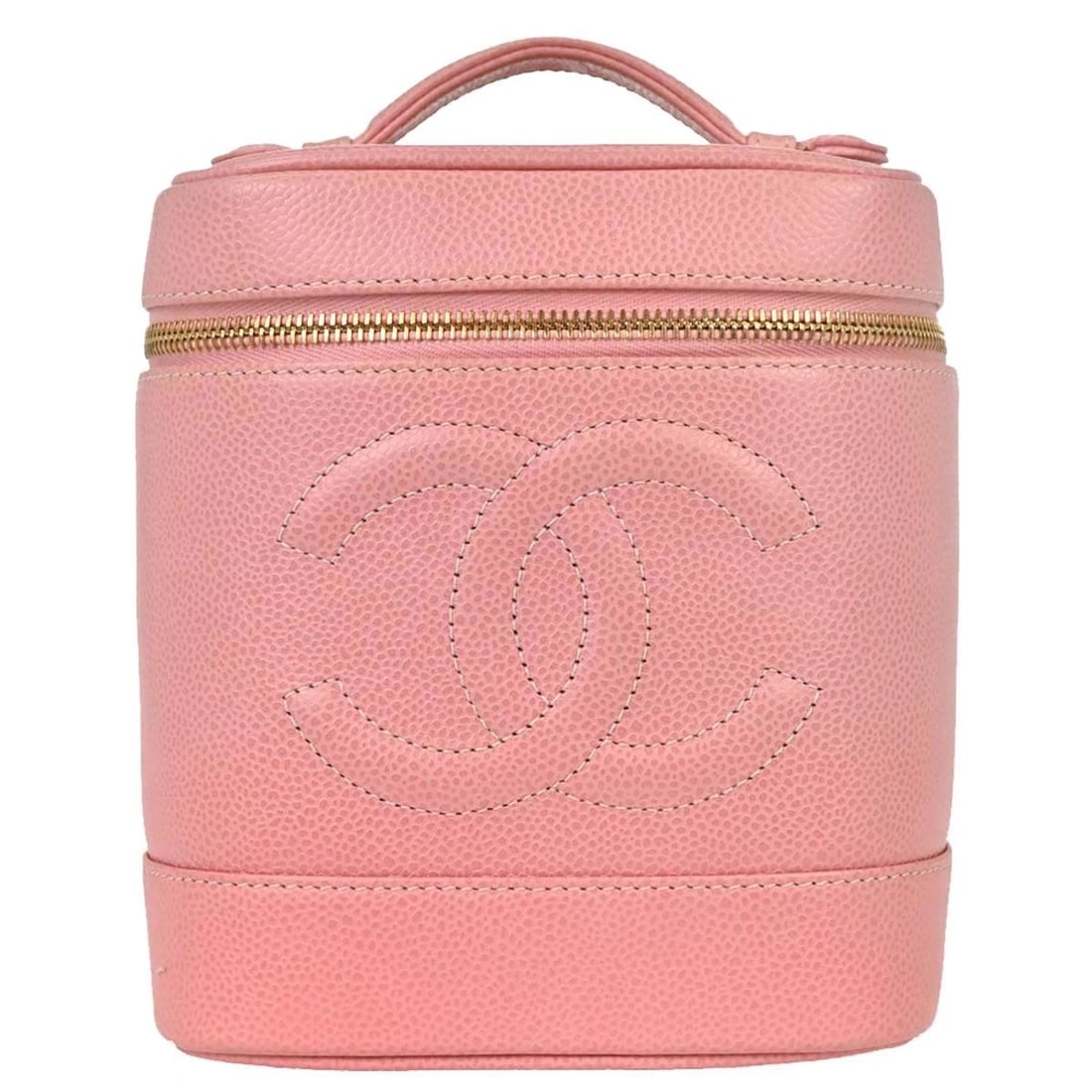 CHANEL PINK CALFSKIN TIMELESS VANITY HANDBAG: Chanel Pink Calfskin Timeless Vanity Handbag Brand: CHANEL Type/Style: CHANEL Vanity Material: Caviar Skin Leather Color: Pink Size: W 5.9 x H 6.7 x D 4.7 " Accessories: None Accessories N