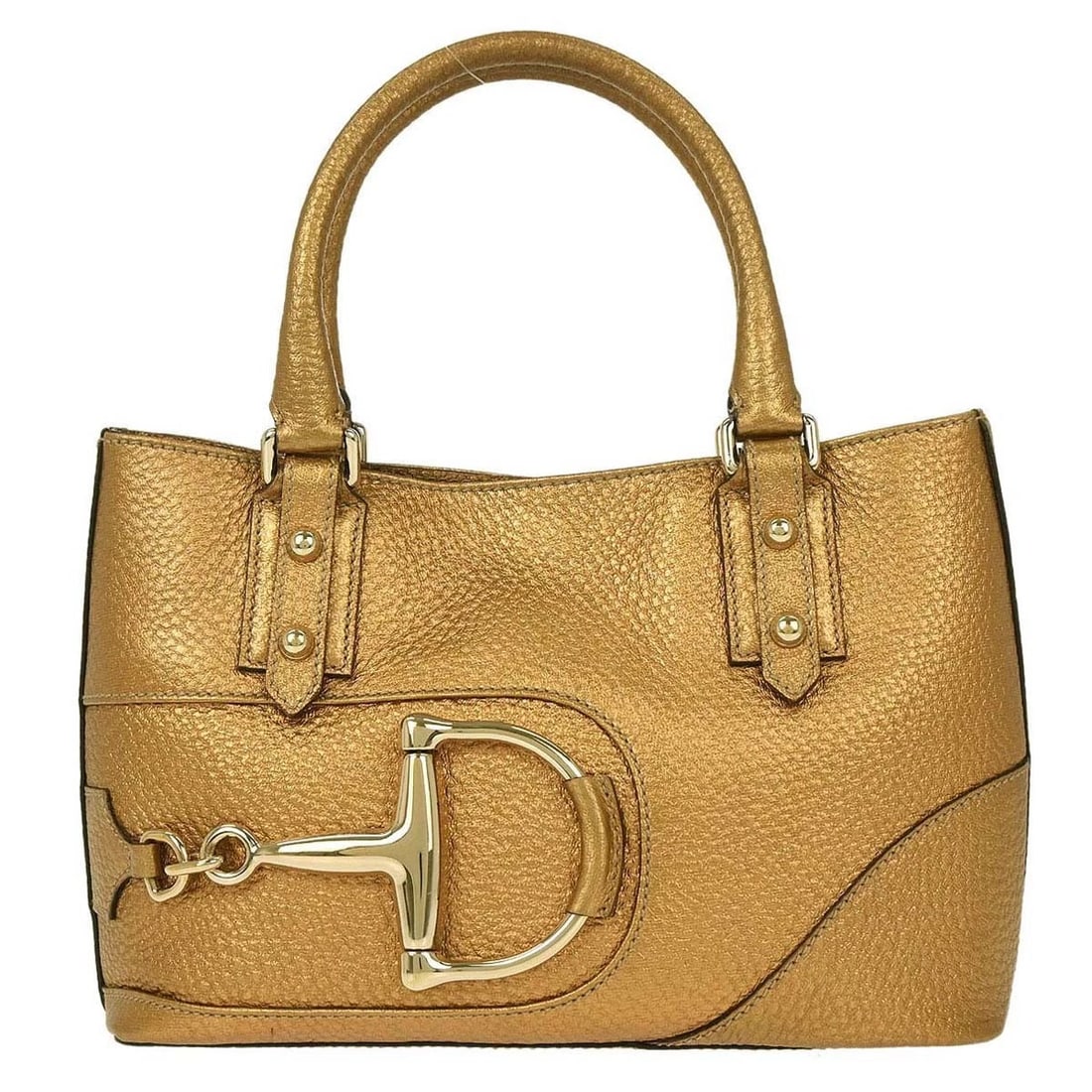 GUCCI GOLD LEATHER HORSEBIT GG TOTE HANDBAG: Gucci Gold Leather Horsebit GG Tote Handbag Brand: Gucci Type/Style: Tote Material: Leather Color: Gold Size: W 11.0 x H 7.5 x D 3.9 " Accessories: None Accessories Notice: When purchasing