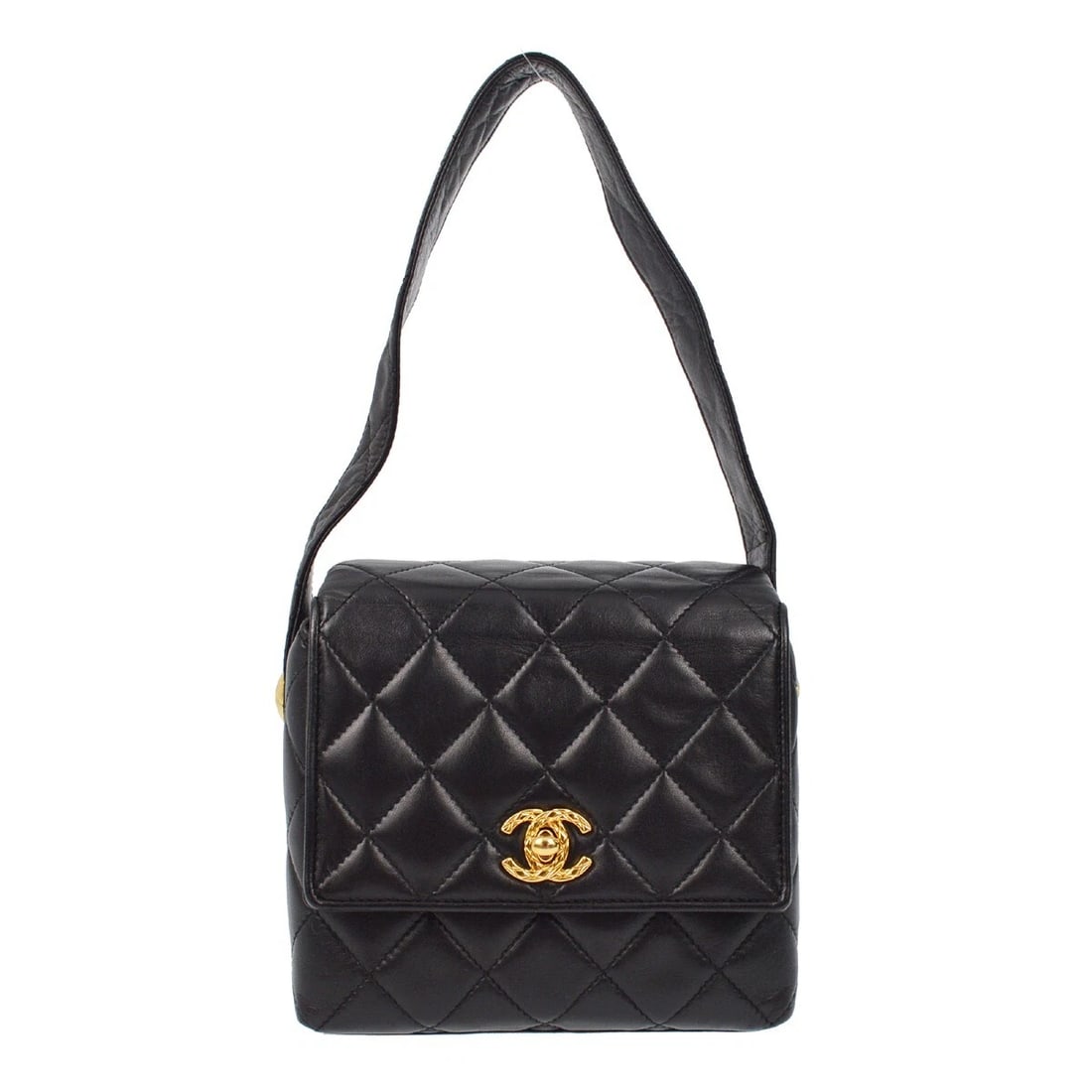 CHANEL BLACK LAMBSKIN STRAIGHT FLAP HANDBAG: Chanel Black Lambskin Straight Flap Handbag Brand: CHANEL Type/Style: Top Handle Bag Material: Lambskin Leather Color: Black Size: W 6.3 x H 5.5 x D 3.1 " Accessories: None Accessories Not