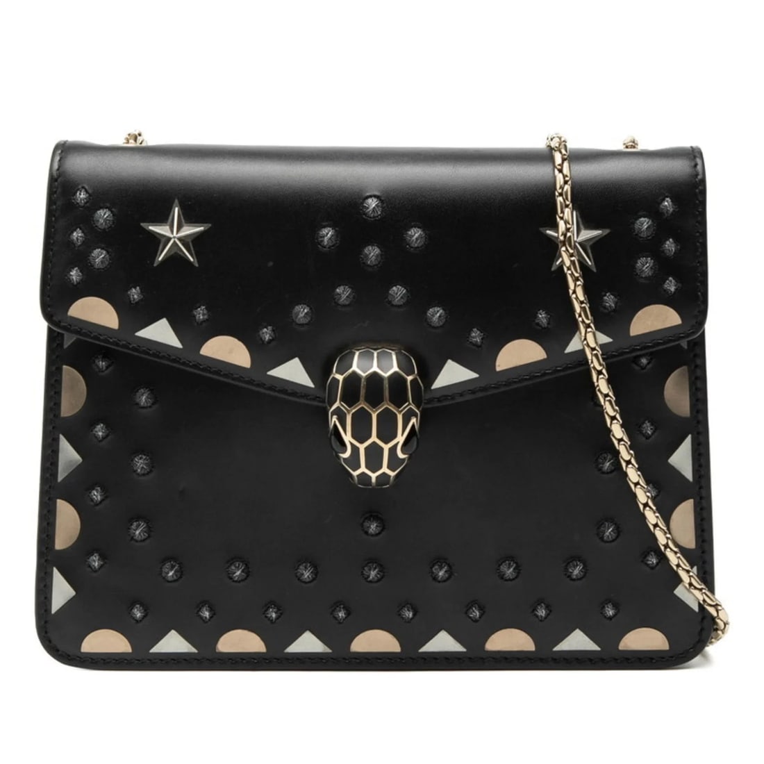 BVLGARI SERPENTI STUDDED CHAIN SHOULDER BAG IN BLACK LEATHER FOR: BVLGARI Serpenti Studded Chain Shoulder Bag in Black Leather for Brand: Bvlgari Type/Style: Shoulder bag Material: Leather Color: Black Size: (HxWxD) 15cm x 20cm x 3cm / 5.9'' x 7.87'' x 1.18'' Ac