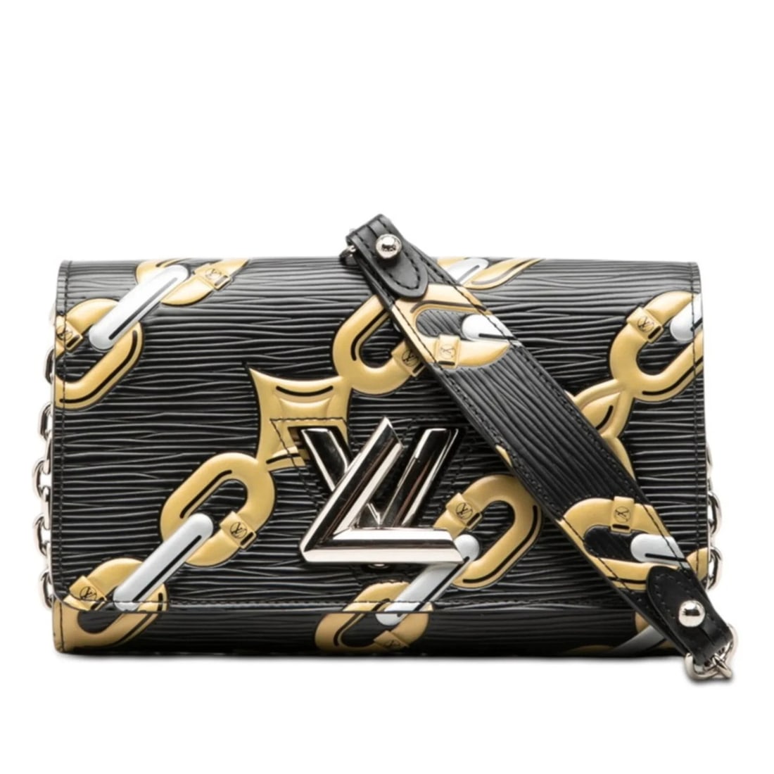 LOUIS VUITTON EPI PORTEFEUILLE TWIST CHAIN SHOULDER BAG: Louis Vuitton Epi Portefeuille Twist Chain Shoulder Bag Brand: Louis Vuitton Type/Style: Shoulder bag Material: Leather Color: Black,Gold,Silver Size: (HxWxD)11cm x 19cm x 3cm / 4.33'' x 7.48'' x 1.18