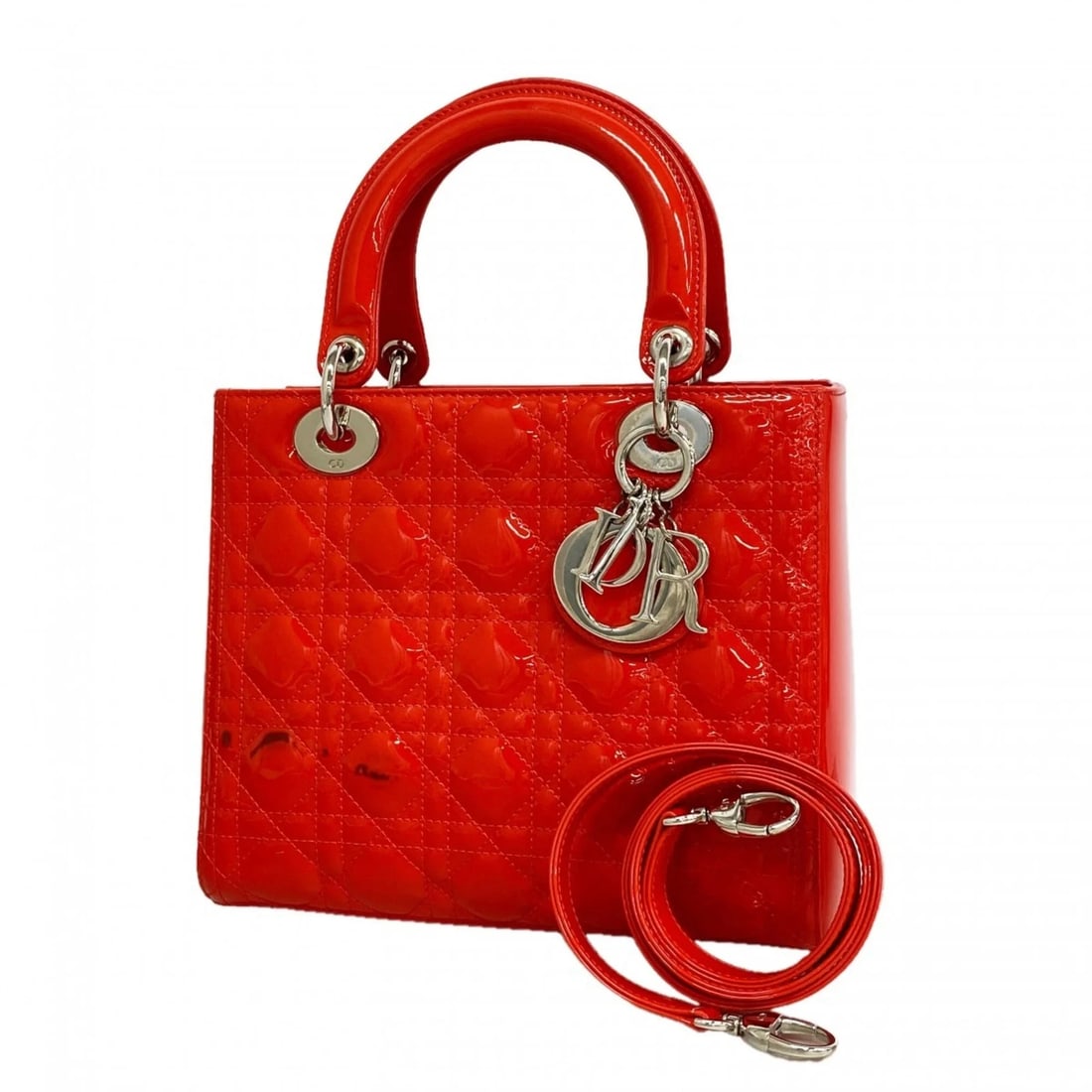 CHRISTIAN DIOR CANNAGE LADY HANDBAG, ENAMEL RED, 2-WAY BAG: Christian Dior Cannage Lady handbag, enamel red, 2-way bag Brand: Christian Dior Type/Style: Handbag Material: None Color: Red Color Size: (HxWxD)20cm x 23.5cm x 12cm / 7.87'' x 9.25'' x 4.72'' Ac