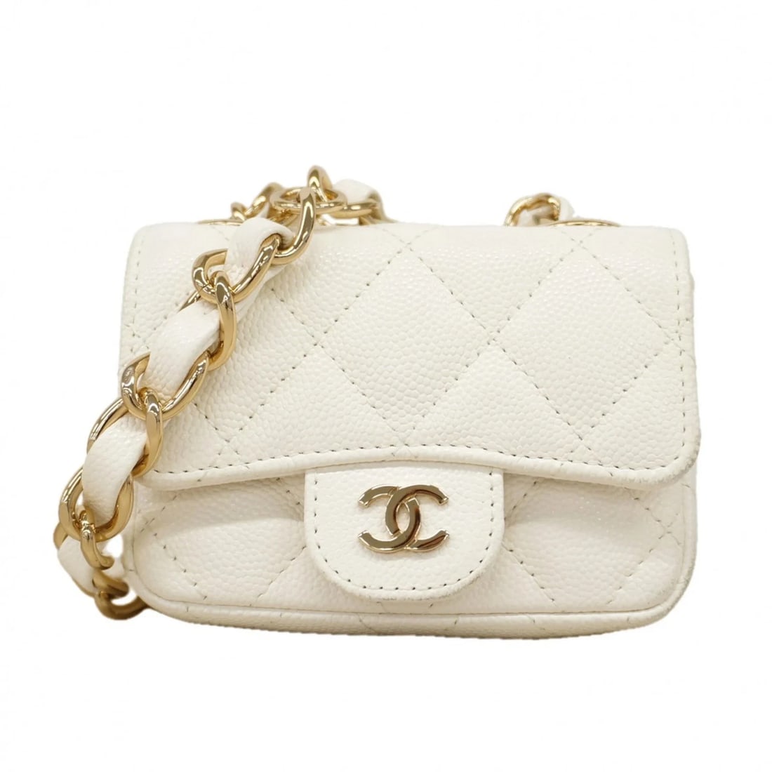 CHANEL MINI MATELASSE CHAIN SHOULDER BAG, CAVIARSKINLEATHER, WHITE: Chanel Mini Matelasse Chain Shoulder Bag, CaviarSkinLeather, White Brand: Chanel Type/Style: Pochette Material: Grained Calfskin Color: White Size: (HxWxD)7.5cm x 10cm x 2cm / 2.95'' x 3.93'' x 0.78''