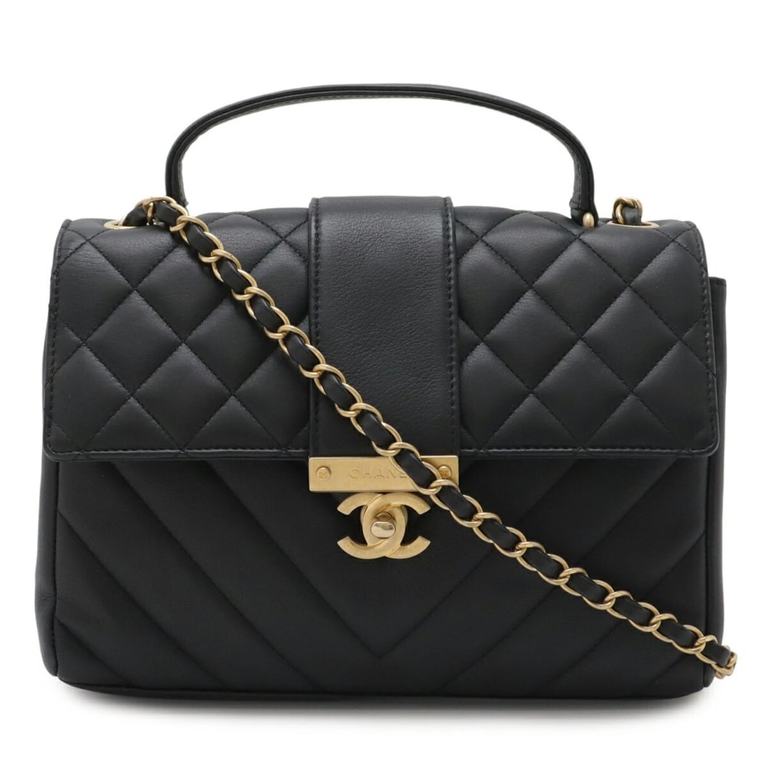 CHANEL MATELASSE V-STITCH HANDBAG CHAIN SHOULDER BAG LEATHER BLACK: CHANEL Matelasse V-stitch Handbag Chain Shoulder Bag Leather Black Brand: Chanel Type/Style: Handbag, Shoulder bag Material: Leather Color: Black Size: (HxWxD)19cm x 25cm x 8.5cm / 7.48'' x 9.84'' x 3
