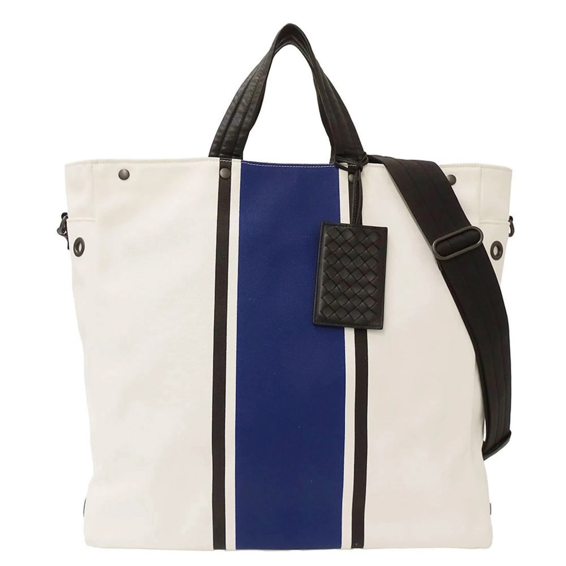 BOTTEGA VENETA HANDBAG FOR AND MEN, BRAND NAME, TOTE BAG: Bottega Veneta handbag for and men, brand name, tote bag Brand: Bottega Veneta Type/Style: Handbag, Shoulder bag, Tote bag Material: Canvas Color: Blue , Ivory Size: (HxWxD) 40cm x 38cm x 17cm / 15.74
