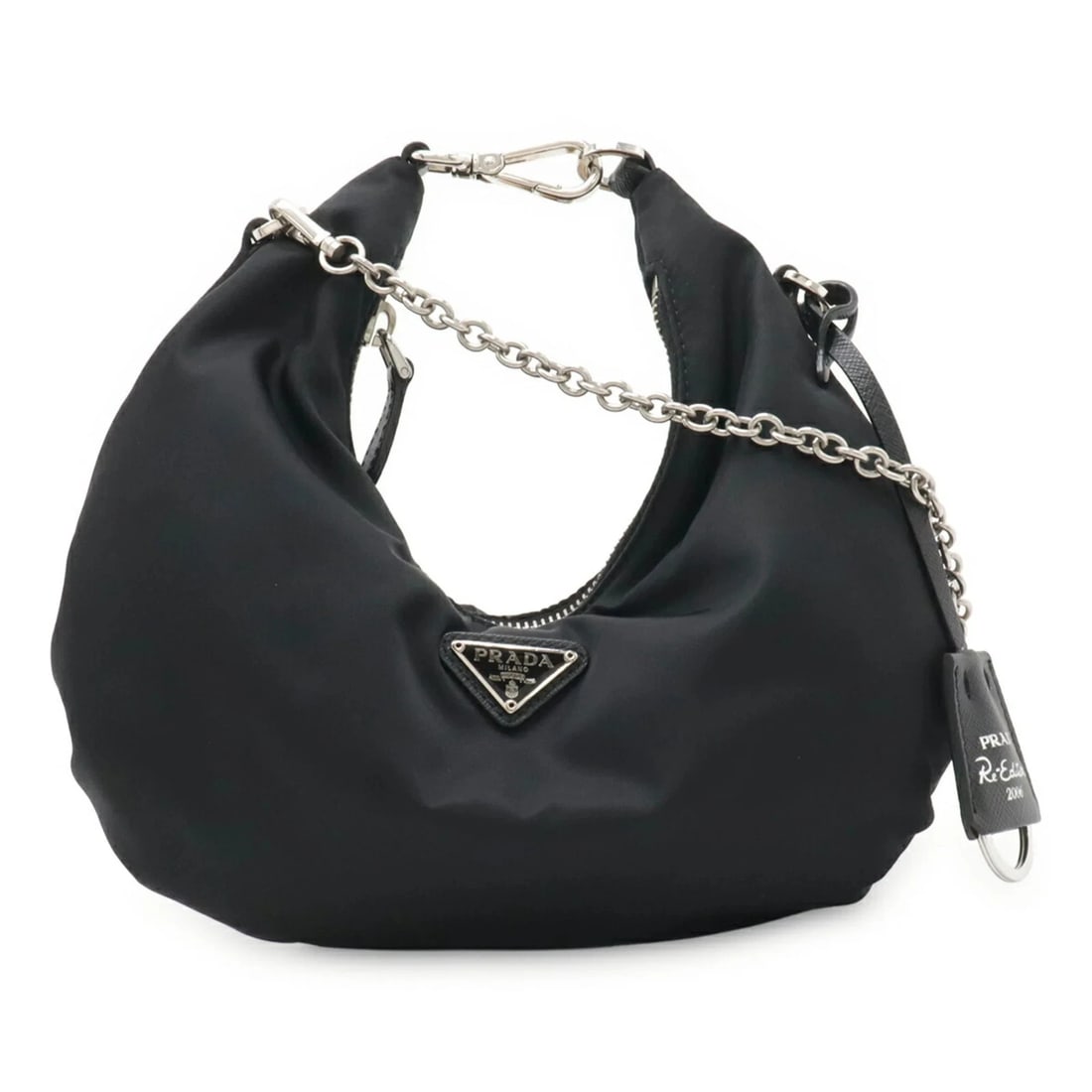 PRADA TRIANGLE CHAIN SHOULDER BAG, NYLON AND LEATHER, NERO BLACK: PRADA Triangle Chain Shoulder Bag, Nylon and Leather, NERO Black Brand: Prada Type/Style: Shoulder bag Material: Nylon, Leather Color: Black ,Nero Size: (HxWxD) 12cm x 26cm x 6cm / 4.72'' x 10.23'' x 