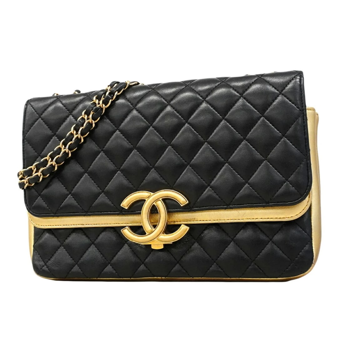 CHANEL MATELASSE SHOULDER BAG WITH DOUBLE CHAIN, LAMBSKIN, BLACK: Chanel Matelasse Shoulder Bag with Double Chain, Lambskin, Black Brand: Chanel Type/Style: Shoulder bag Material: Leather Color: Black,Gold Size: (HxWxD)17.5cm x 25cm x 8cm / 6.88'' x 9.84'' x 3.14'' 