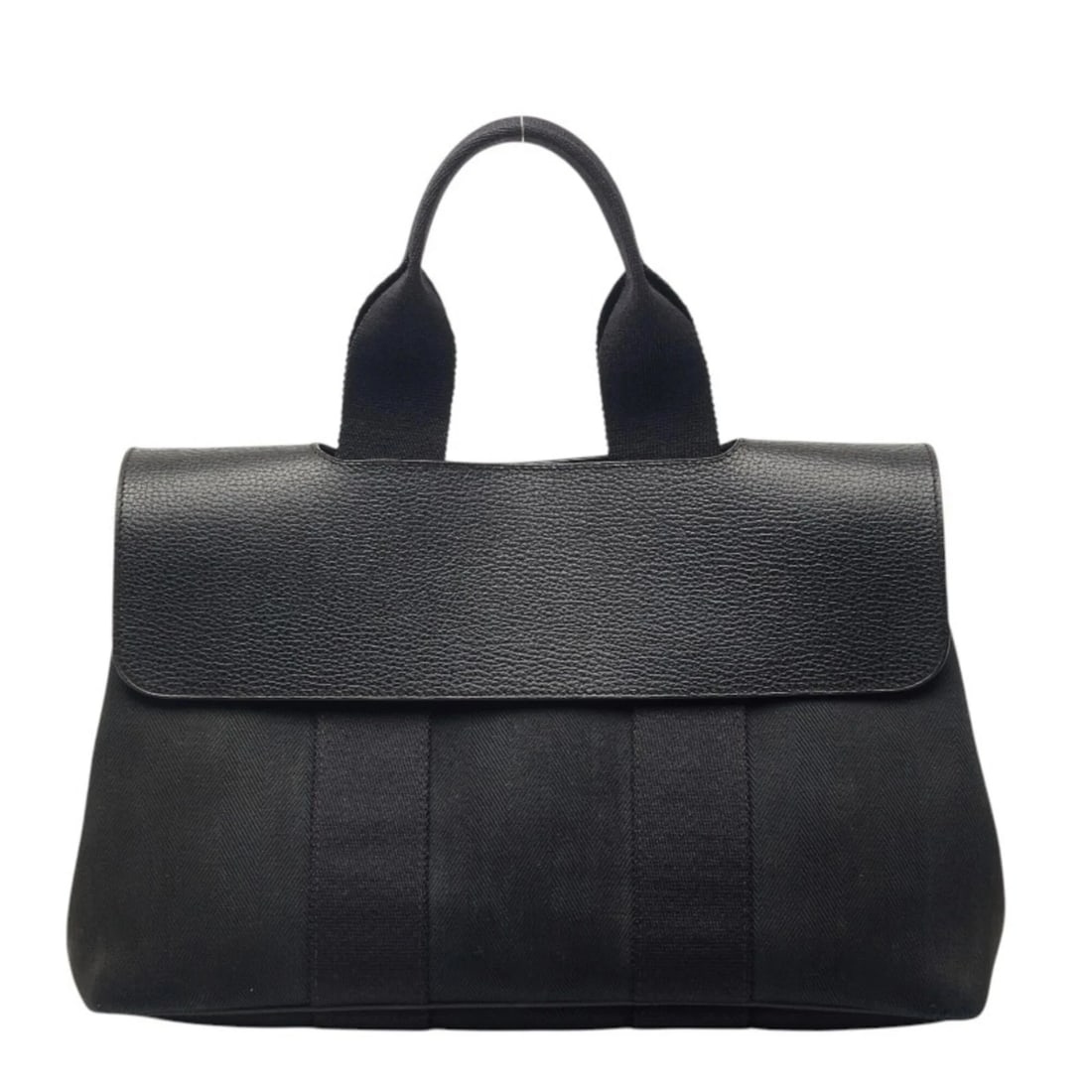 HERMES VALPARAISO PM HANDBAG, BLACK, TOILE CHEVRON LEATHER, CANVAS: Hermes Valparaiso PM handbag, black, toile chevron leather, canvas Brand: Hermes Type/Style: Handbag Material: Toile chevron , Canvas , Leather Color: Black Size: (HxWxD) 21cm x 30cm x 14.5cm / 8.26''