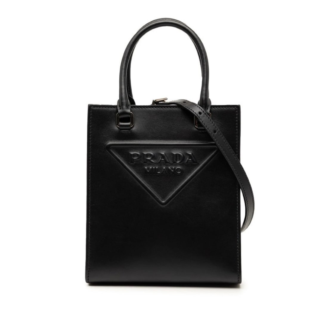PRADA TRIANGLE LOGO MINI HANDBAG SHOULDER BAG 2-WAY BLACK: Prada Triangle Logo Mini Handbag Shoulder Bag 2-Way Black Brand: Prada Type/Style: Handbag, Shoulder bag Material: Leather Color: Black Size: (HxWxD) 19.5cm x 17cm x 6cm / 7.67'' x 6.69'' x 2.36''