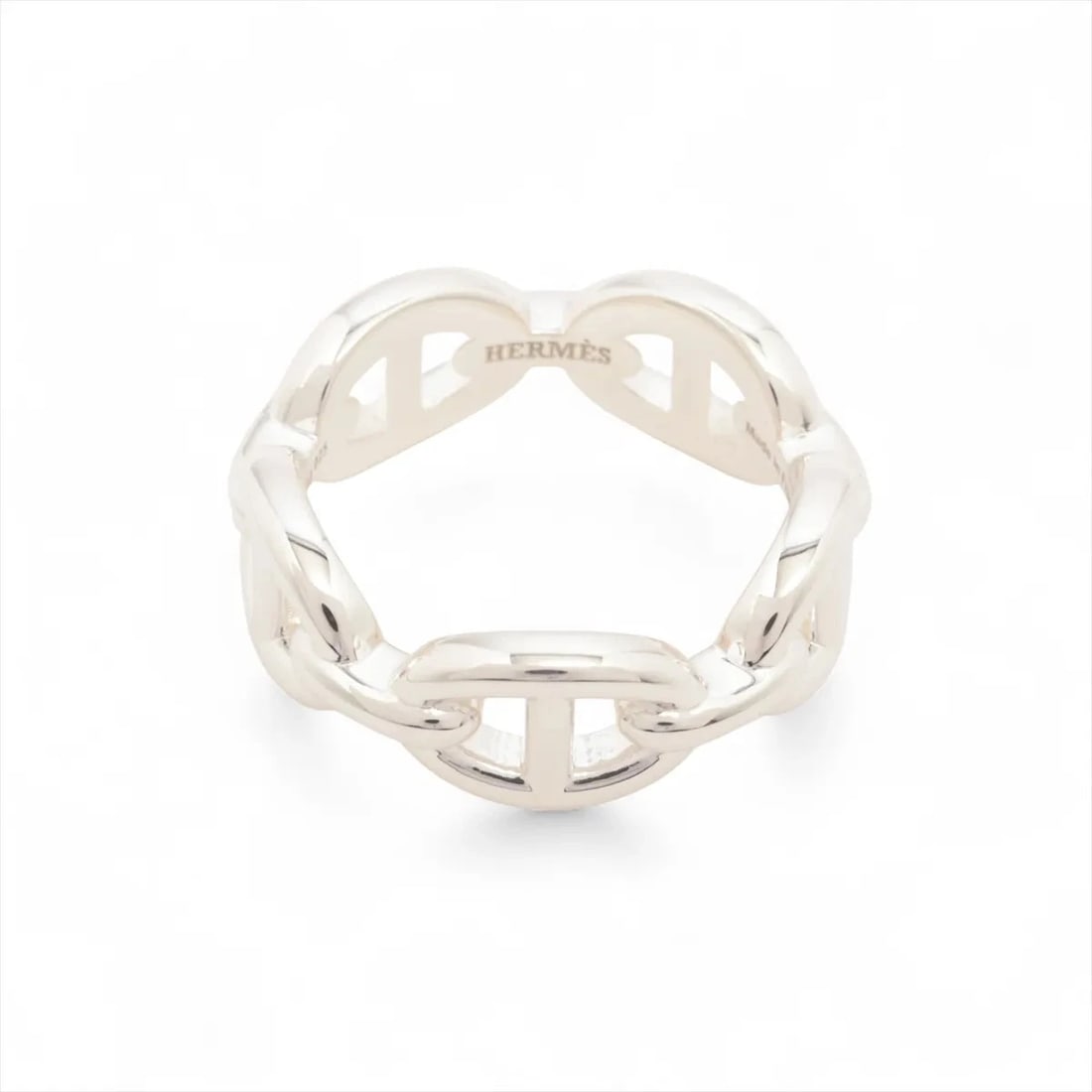 HERMES CHAINE D'ANCRE ENCHAINEE RING: Hermes Chaine d'Ancre Enchainee Ring Brand: Hermes Type/Style: Ring Material: 925 Color: Silver Size: 5.5 - 5.75 US Accessories: None Accessories Notice: When purchasing pre-owned goods, p