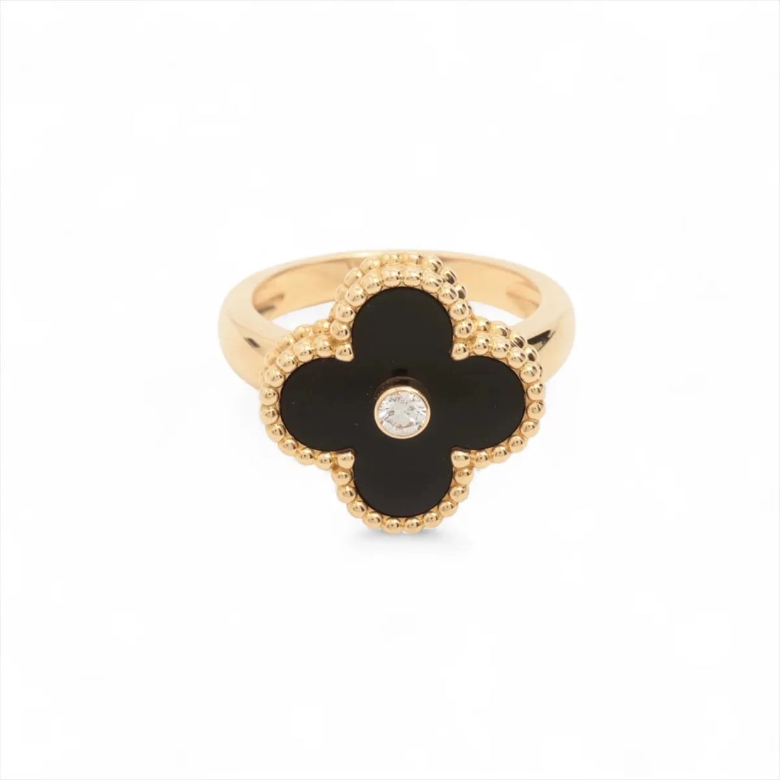 VAN CLEEF & ARPELS ALHAMBRA ONYX DIAMOND RING: Van Cleef & Arpels Alhambra Onyx diamond Ring Brand: Van Cleef & Arpels Type/Style: Ring Material: 750(YG) Color: Yellow Gold Size: 4.5 - 4.75 US Accessories: None Accessories Notice: When purchasing