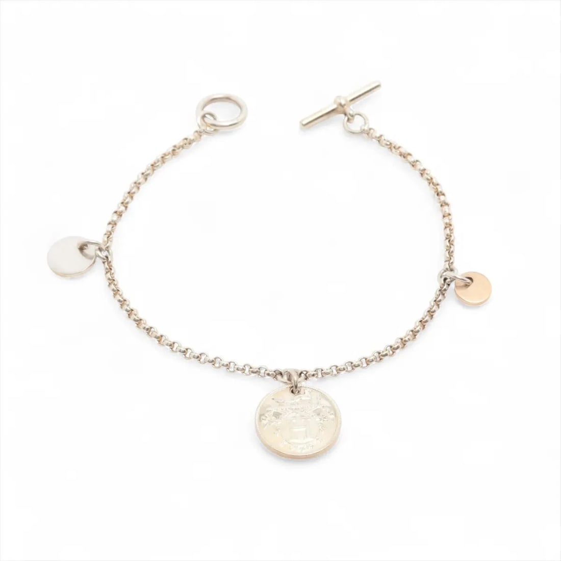 HERMES EX-LIBRIS BRACELET SH 925?750: Hermes Ex-Libris Bracelet SH 925?750 Brand: Hermes Type/Style: Bracelet Material: 925?750 Color: Silver x gold Size: Bracelet length:14.5cm Accessories: None Accessories Notice: When purchasing