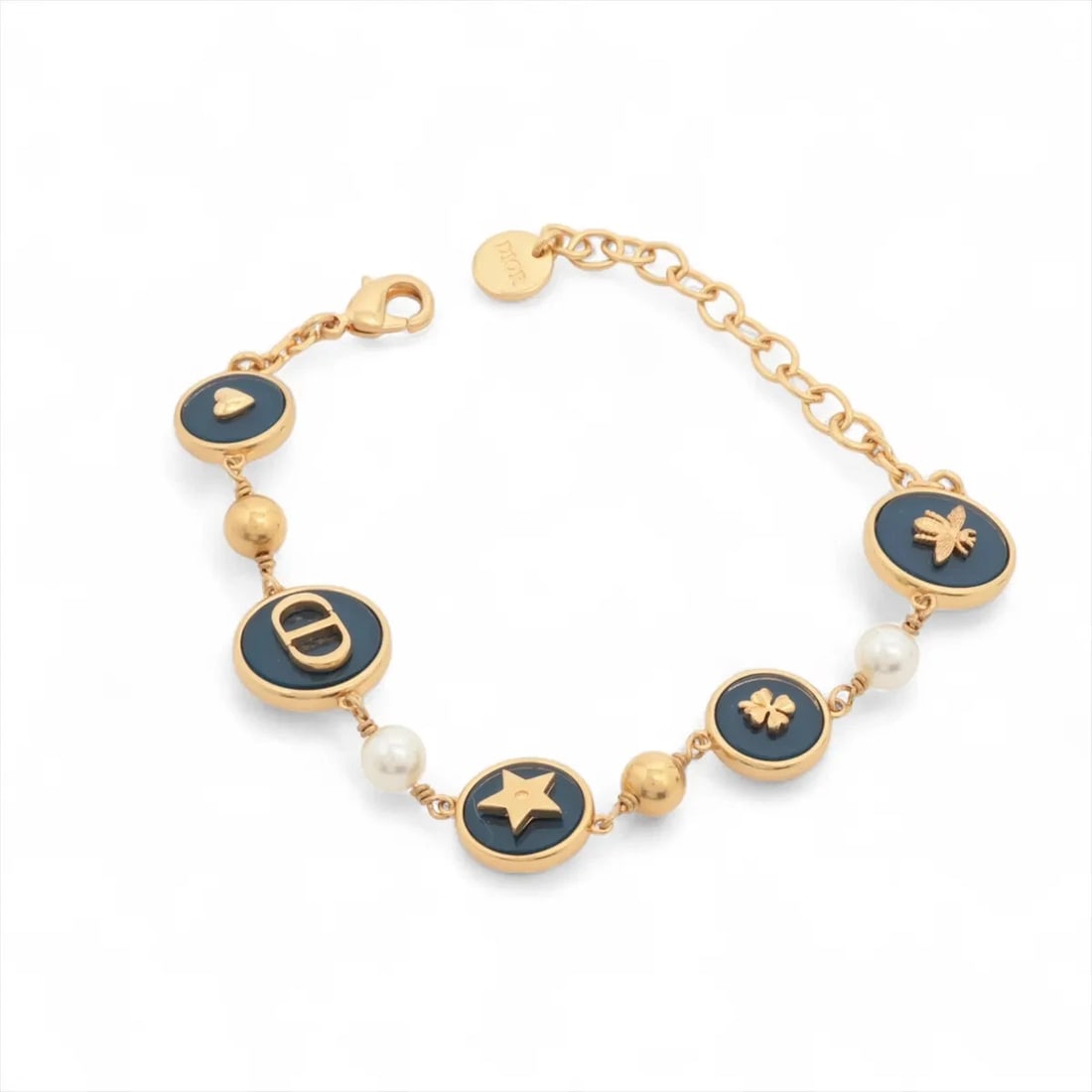 DIOR D-LUCK BRACELET GP X IMITATION PEARL GOLD X BLUE: Dior D-LUCK Bracelet GP x Imitation pearl Gold x blue Brand: Dior Type/Style: Bracelet Material: GP x Imitation pearl Color: Gold x blue Size: Bracelet length:19cm Accessories: None Accessories