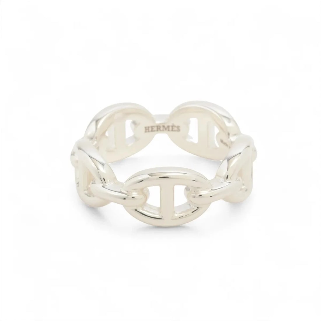 HERMES CHAINE D'ANCRE ENCHAINEE RING: Hermes Chaine d'Ancre Enchainee Ring Brand: Hermes Type/Style: Ring Material: 925 Color: Silver Size: 6 US Accessories: None Accessories Notice: When purchasing pre-owned goods, please refer to the