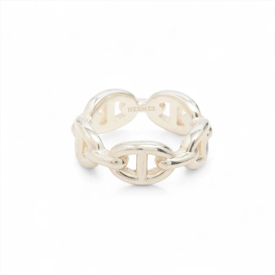 HERMES CHAINE D'ANCRE ENCHAINEE RING: Hermes Chaine d'Ancre Enchainee Ring Brand: Hermes Type/Style: Ring Material: 925 Color: Silver Size: 6.75 - 7 US Accessories: None Accessories Notice: When purchasing pre-owned goods, ple