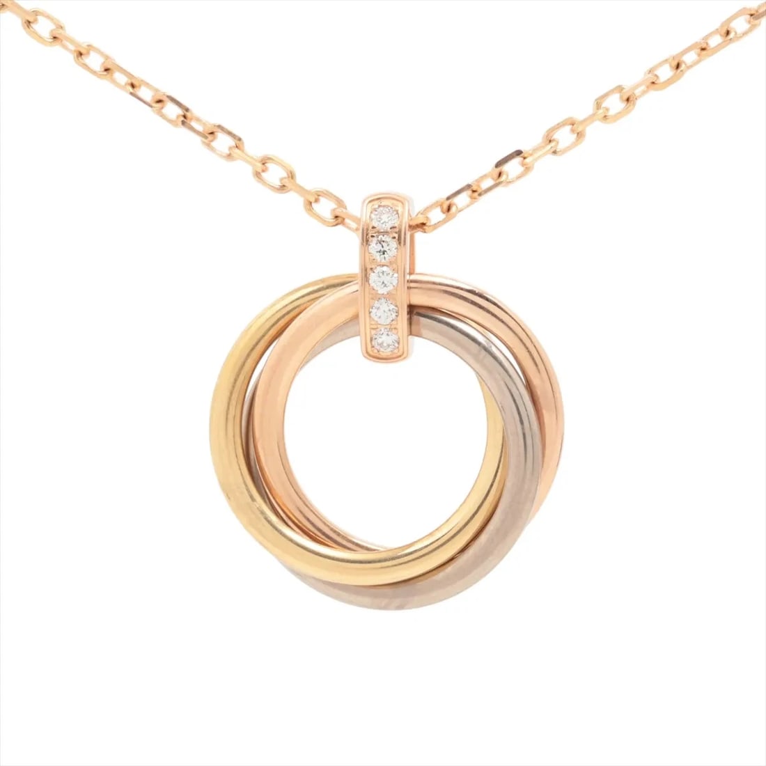 CARTIER TRINITY DIAMOND NECKLACE 750(YG PG WG): Cartier Trinity diamond Necklace 750(YG PG WG) Brand: Cartier Type/Style: Necklace Material: 750(YG?PG?WG), Main Stone Natural Color: YG?PG?WG Size: Chain length:42.3cm Accessories: None Accessories