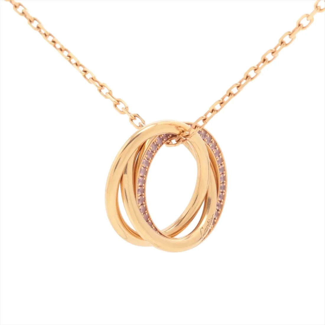 CARTIER TRINITY PINK SAPPHIRE NECKLACE 750(PG): Cartier Trinity Pink sapphire Necklace 750(PG) Brand: Cartier Type/Style: Necklace Material: 750(PG) Color: Pink Gold Size: Chain length:44.5cm Accessories: None Accessories Notice: When purchasing