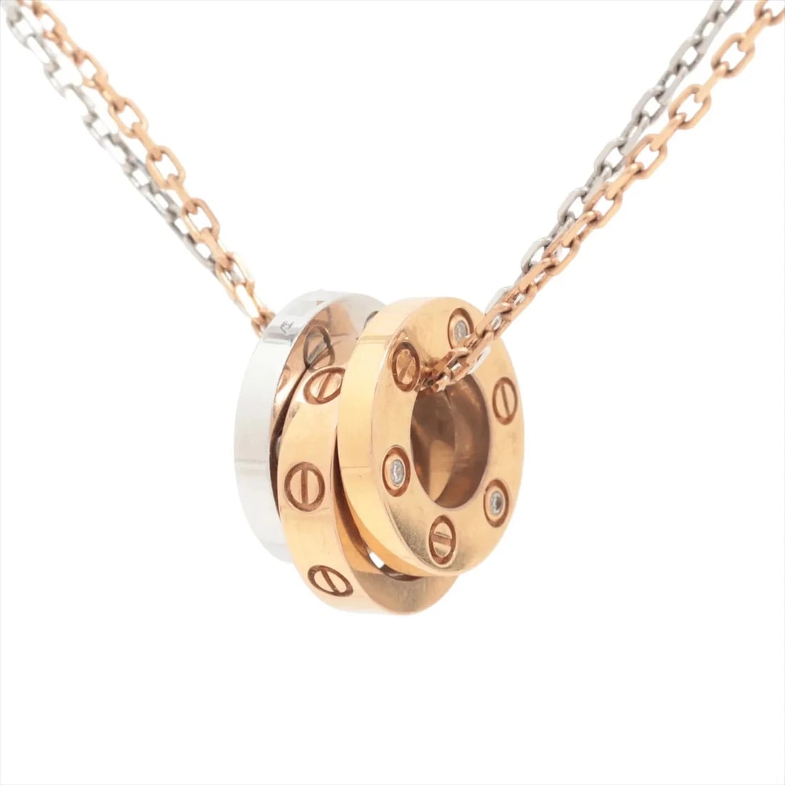 CARTIER LOVE THREE HOOPS DIAMOND NECKLACE: Cartier Love Three Hoops diamond Necklace Brand: Cartier Type/Style: Necklace Material: 750(YG?PG?WG), Main Stone Natural Color: YG?PG?WG Size: Chain length:41.1cm Accessories: None Accessories