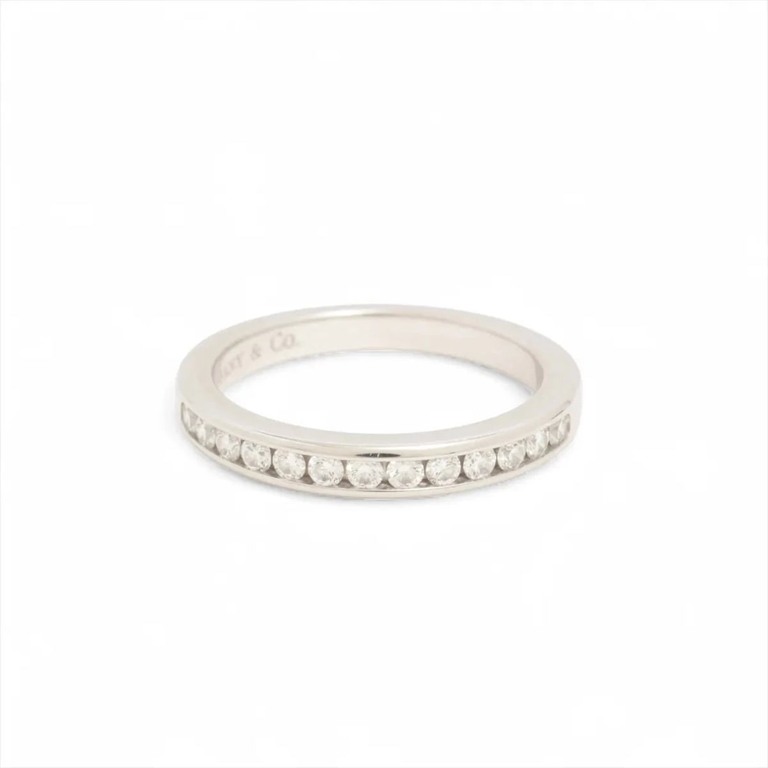 TIFFANY HALF CIRCLE CHANNEL SETTING DIAMOND RING PT950: Tiffany Half Circle Channel Setting diamond Ring Pt950 Brand: Tiffany Type/Style: Ring Material: Pt950, Main Stone Natural Color: Silver Size: 3.75 US Accessories: None Accessories Notice: