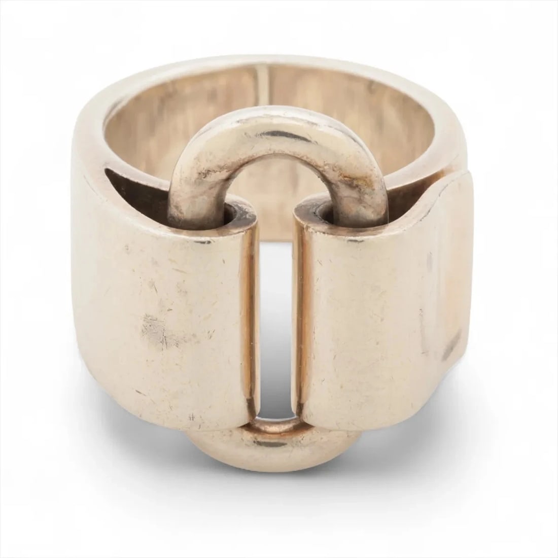 HERMES ATTELAGE RING: Hermes Attelage Ring Brand: Hermes Type/Style: Ring Material: 925 Color: Silver Size: 5.5 - 5.75 US Accessories: None Accessories Notice: When purchasing pre-owned goods, please refer to the photos