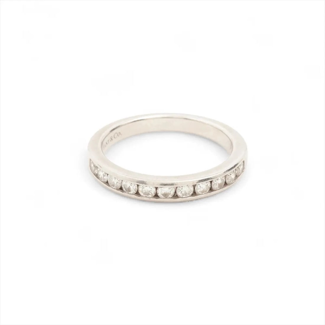 TIFFANY HALF CIRCLE CHANNEL SETTING DIAMOND RING: Tiffany Half Circle Channel Setting diamond Ring Brand: Tiffany Type/Style: Ring Material: Pt950 Color: silver Size: 5.5 - 5.75 US Accessories: None Accessories Notice: When purchasing pre-owned