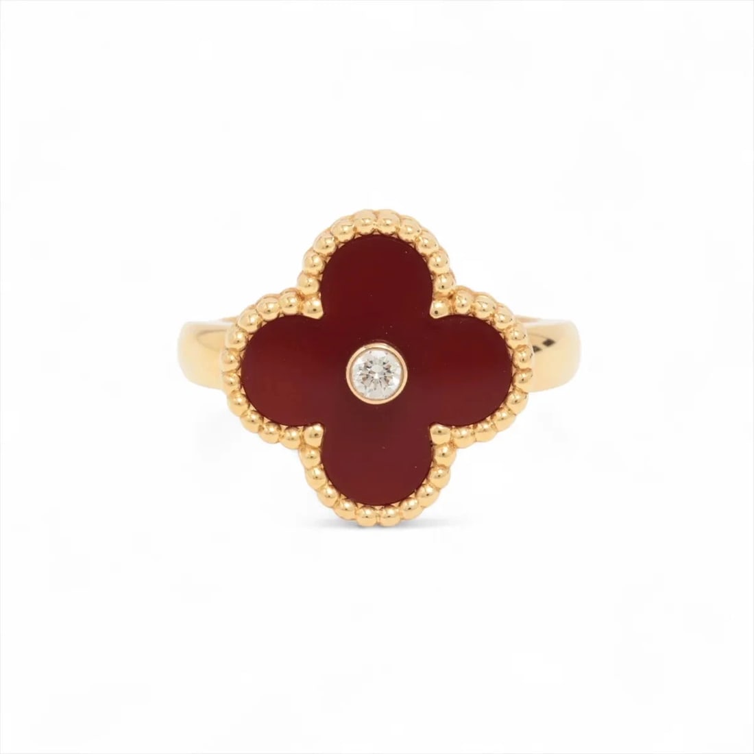 VAN CLEEF & ARPELS ALHAMBRA CARNELIAN DIAMOND RING: Van Cleef & Arpels Alhambra Carnelian diamond Ring Brand: Van Cleef & Arpels Type/Style: Ring Material: 750(YG) Color: Yellow Gold Size: 5.5 - 5.75 US Accessories: None Accessories Notice: When