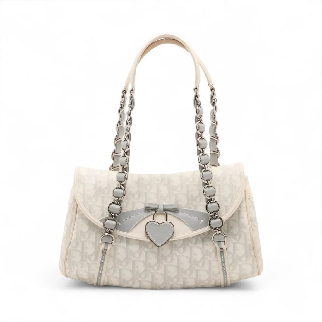 CHRISTIAN DIOR TROTTER ROMANTIC PVC & LEATHER CHAIN SHOULDER BAG: Christian Dior Trotter Romantic PVC & leather Chain Shoulder Bag Brand: Christian Dior Type/Style: Shoulder bag Material: PVC & leather Color: White x gray Size: Height:6.9inchLength:11.2inchDepth:4.9
