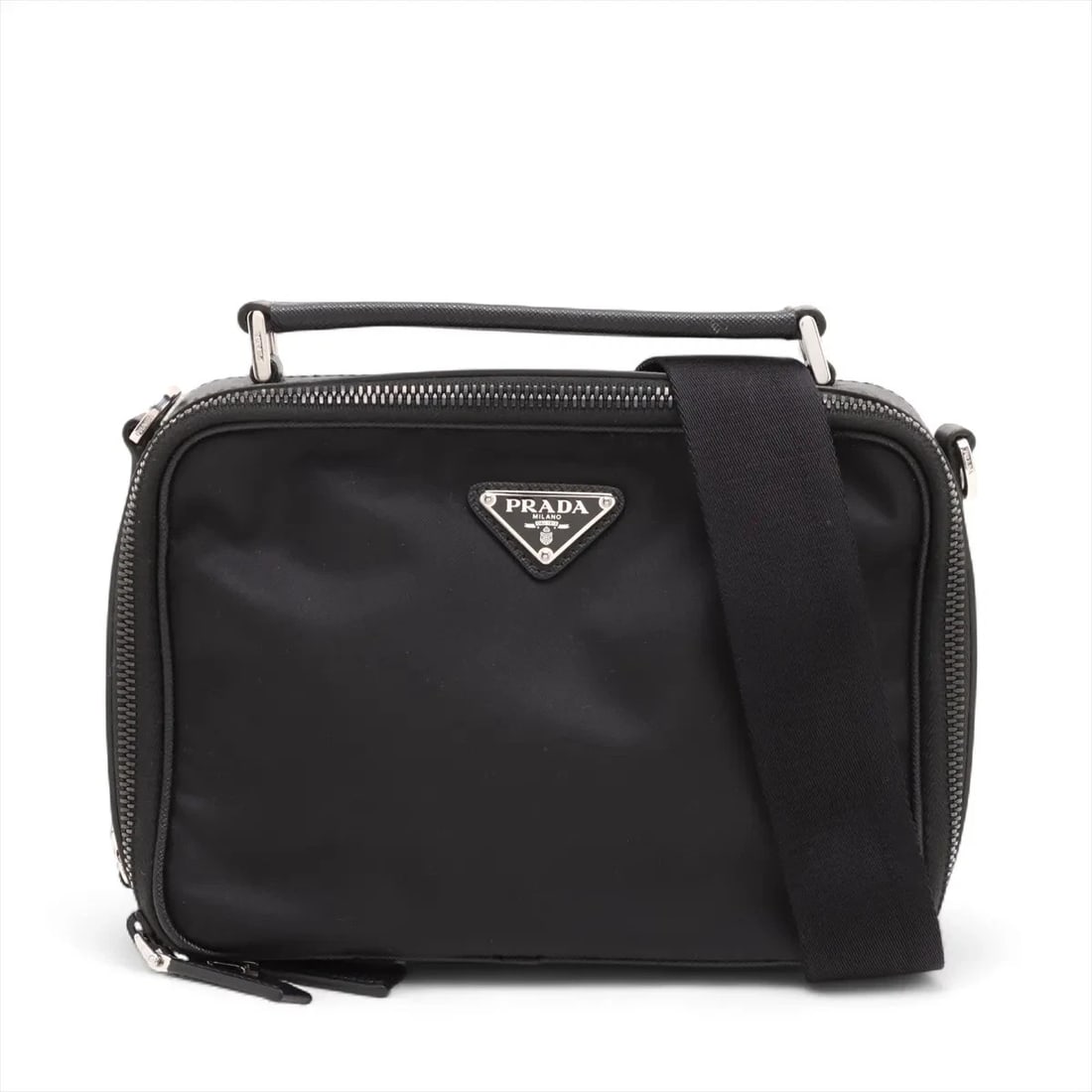 PRADA TESSUTO NYLON X LEATHER 2 WAY HANDBAG BLACK: Prada Tessuto nylon x leather 2 Way Handbag Black Brand: Prada Type/Style: Hand bag Material: Nylon & Leather Color: Black Size: Height:6.5inchLength:8.7inchDepth:3.0inch Accessories: None