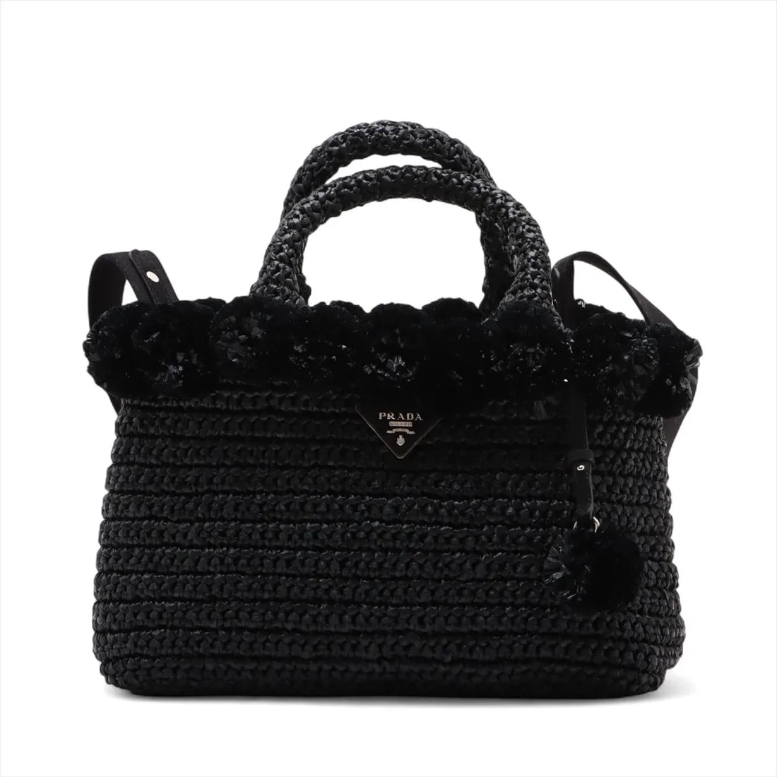 PRADA RAFFIA POMPOMS RAFFIA 2 WAY HANDBAG BLACK: Prada Raffia Pompoms Raffia 2 Way Handbag Black Brand: Prada Type/Style: Hand bag Material: Raffia Color: Black Size: Height:8.3inchLength:11.0inchDepth:5.5inch Accessories: None Accessori