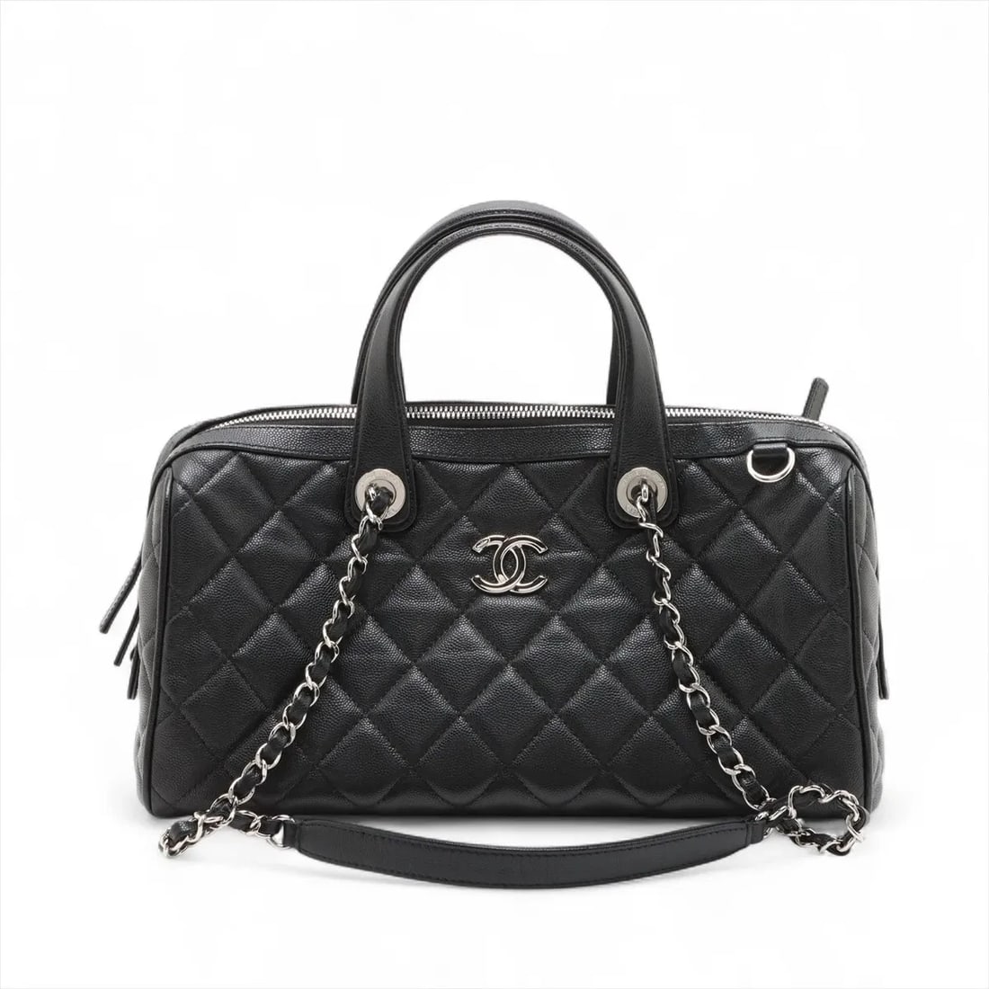 CHANEL MATELASSE CAVIAR SKIN 2 WAY HANDBAG BLACK: Chanel Matelasse Caviar Skin 2 Way Handbag Black Brand: Chanel Type/Style: Hand bag Material: Caviar Skin Color: Black Size: Height:6.9inchLength:12.2inchDepth:4.7inch Accessories: None Ac