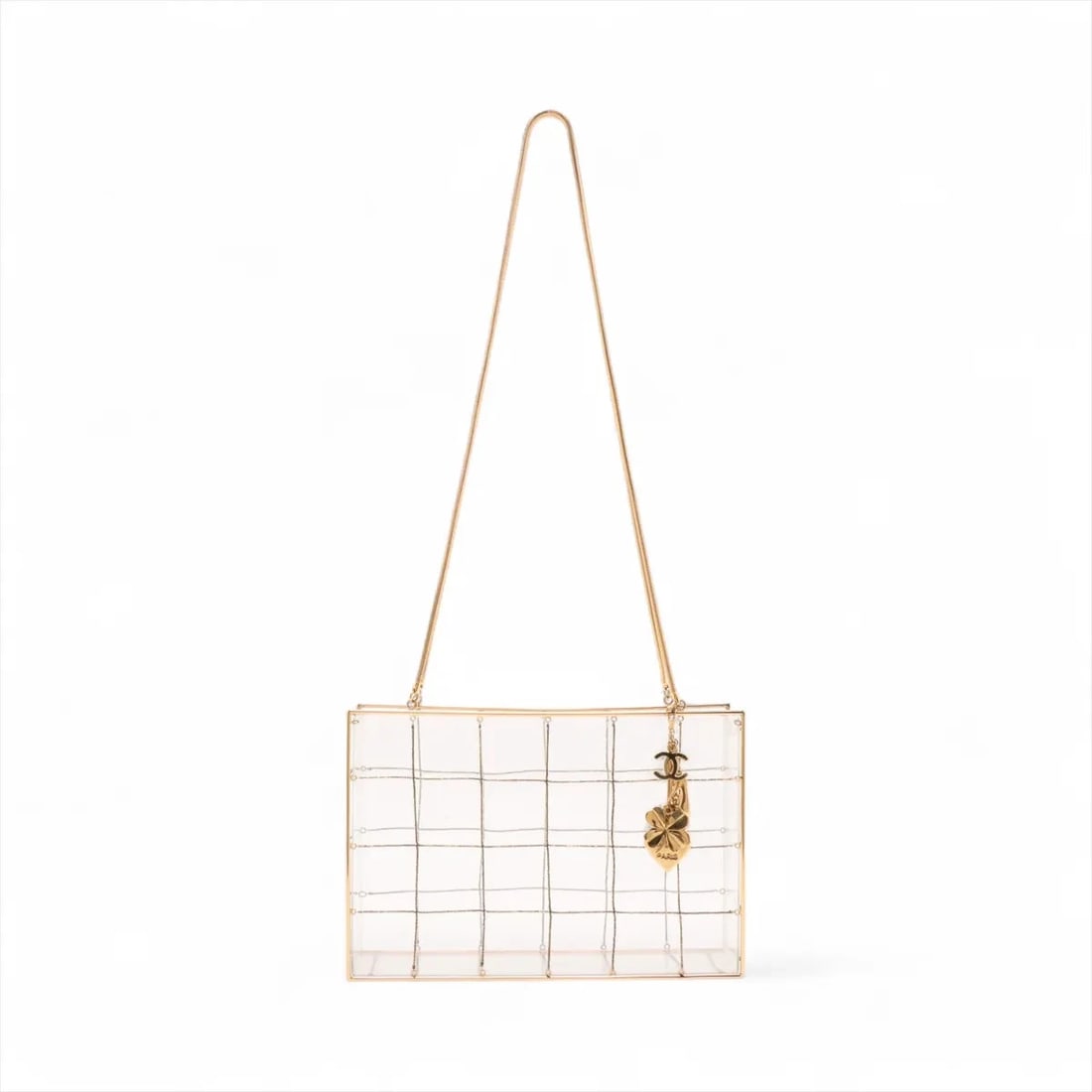 CHANEL COCO MARK ACRYLIC X BEADS CHAIN SHOULDER BAG: Chanel Coco Mark acrylic x beads Chain Shoulder Bag Brand: Chanel Type/Style: Shoulder bag Material: Acrylic?beads Color: clear x gold Size: Height:7.5inchLength:11.0inchDepth:3.0inch Accessories: