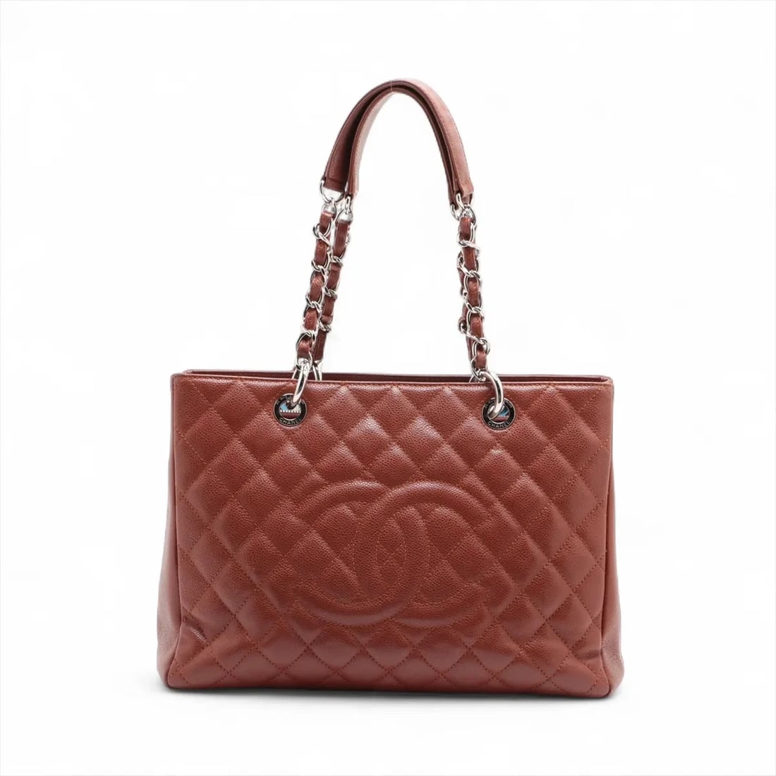 CHANEL GST CAVIAR SKIN CHAIN TOTE BAG BROWN SILVER: Chanel GST Caviar Skin Chain Tote Bag Brown Silver Brand: Chanel Type/Style: Tote bag Material: Caviar Skin Color: Brown Size: Height:9.4inchLength:13.0inchDepth:5.1inch Accessories: None