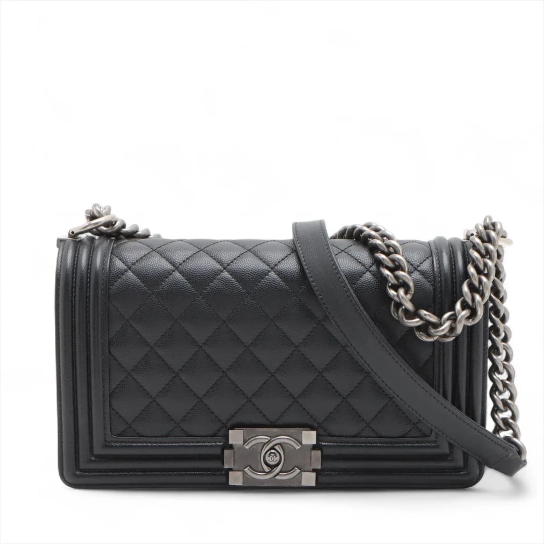 CHANEL BOY CHANEL 25 GRAINED CALFSKIN CHAIN SHOULDER BAG: Chanel BOY CHANEL 25 Grained Calfskin Chain Shoulder Bag Brand: Chanel Type/Style: Shoulder bag Material: Caviar Skin Color: Black Size: Height:5.7inchLength:10.0inchDepth:3.0inch Accessories: Non