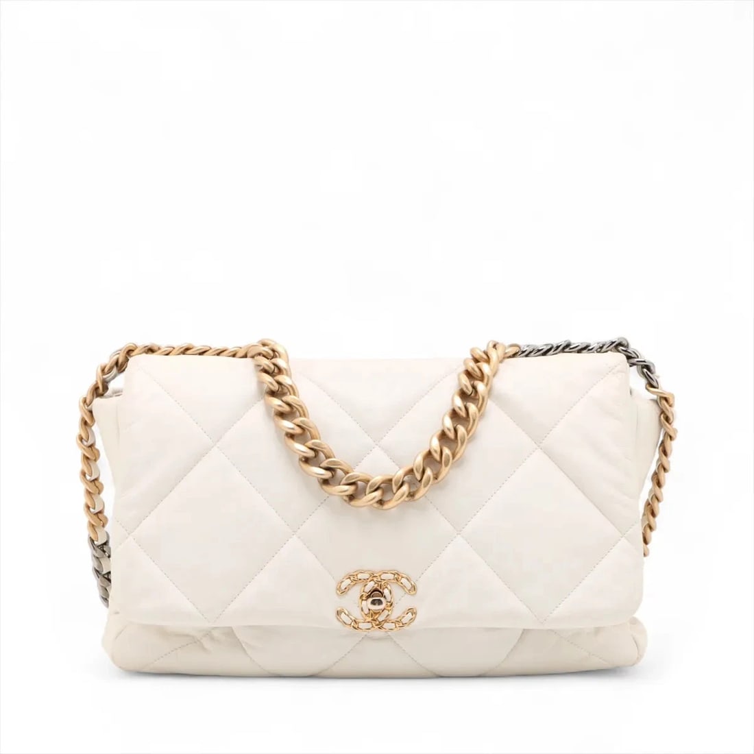 CHANEL CHANEL 19 MAXI LAMBSKIN CHAIN SHOULDER BAG: Chanel CHANEL 19 Maxi Lambskin Chain Shoulder Bag Brand: Chanel Type/Style: Shoulder bag Material: Lambskin Color: White Size: Height:9.1inchLength:13.4inchDepth:3.7inch Accessories: None