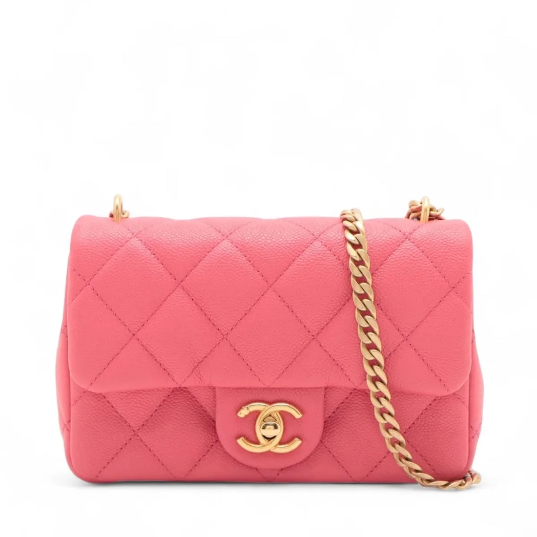 CHANEL MATELASSE GRAINED CALFSKIN CHAIN SHOULDER BAG: Chanel Matelasse Grained Calfskin Chain Shoulder Bag Brand: Chanel Type/Style: Shoulder bag Material: Caviar Skin Color: Pink Size: Height:4.7inchLength:7.1inchDepth:2.0inch Accessories: None