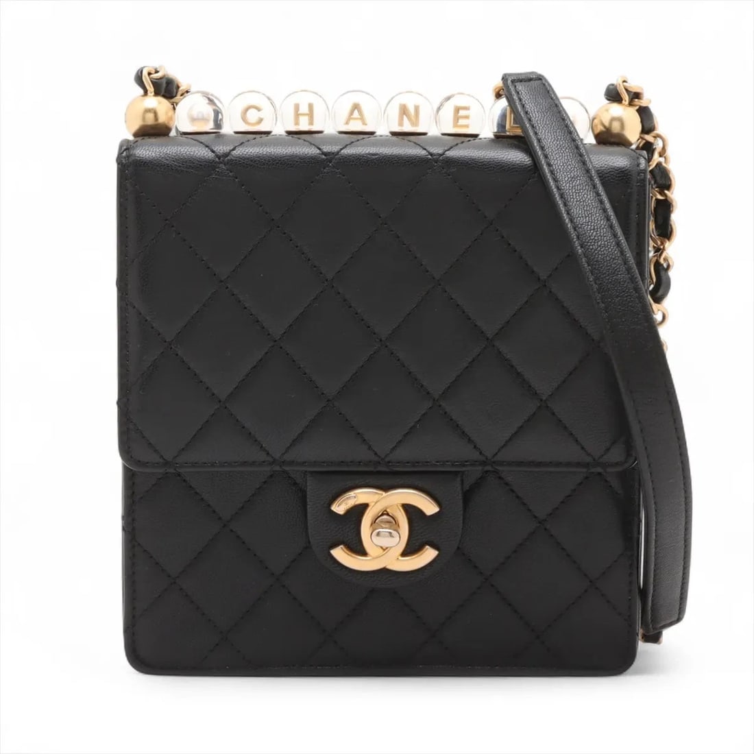 CHANEL MATELASSE LAMBSKIN CHAIN SHOULDER BAG: Chanel Matelasse Lambskin Chain Shoulder Bag Brand: Chanel Type/Style: Shoulder bag Material: Lambskin Color: Black Size: Height:6.7inchLength:6.5inchDepth:2.0inch Accessories: None Access